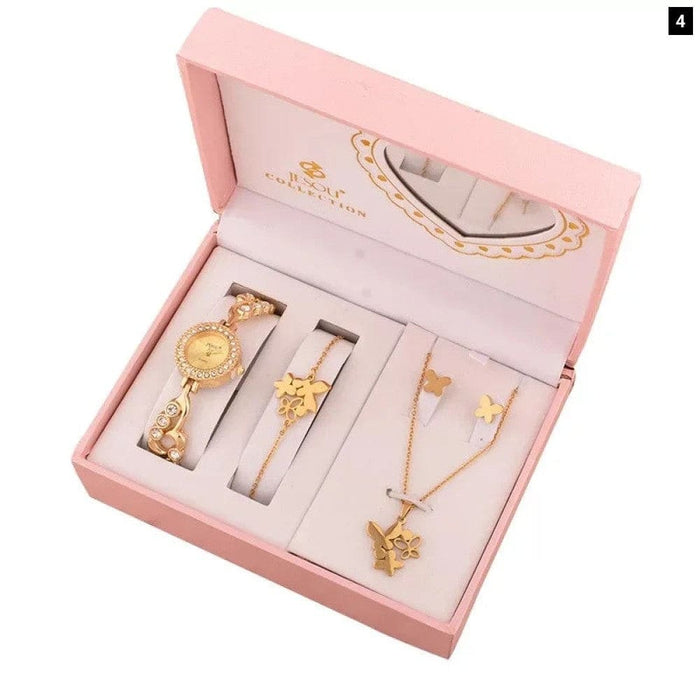 Womens Crystal Bracelet Necklace Earring Quartz Watch 4 Pcs