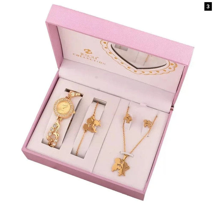 Womens Crystal Bracelet Necklace Earring Quartz Watch 4 Pcs