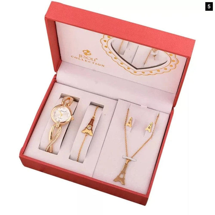 Womens Crystal Bracelet Necklace Earring Quartz Watch 4 Pcs