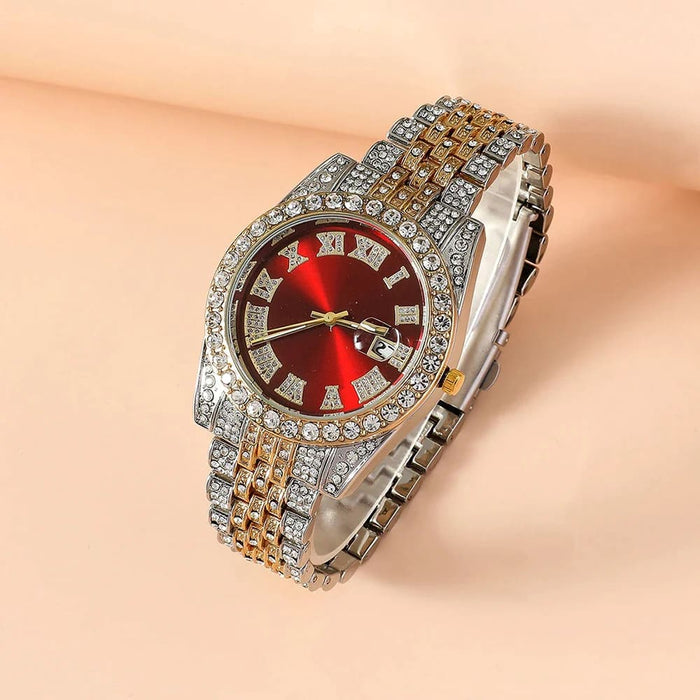 Womens Big Dial Iced Out Quartz Rhinestone Wrist Watch