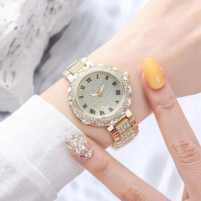 Womens Diamond Quartz Watch Hip Hop Bracelet 6pcs Set