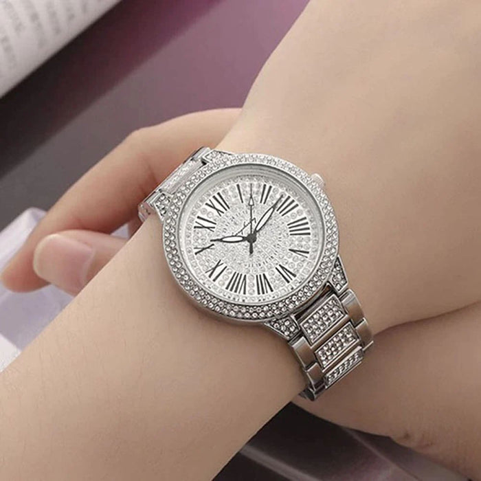 Womens Diamond Quartz Watch Rhinestone Bracelet Necklace