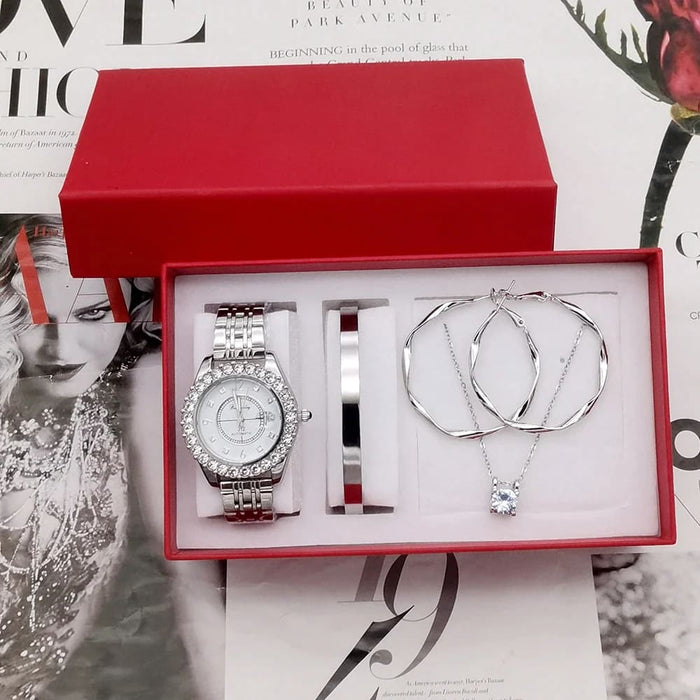 Womens Diamond Watch Rhinestone Jewelry Set With Box