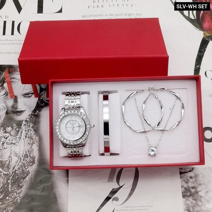 Womens Diamond Watch Rhinestone Jewelry Set With Box