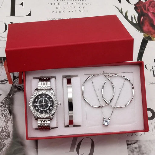 Womens Diamond Watch Rhinestone Jewelry Set With Box