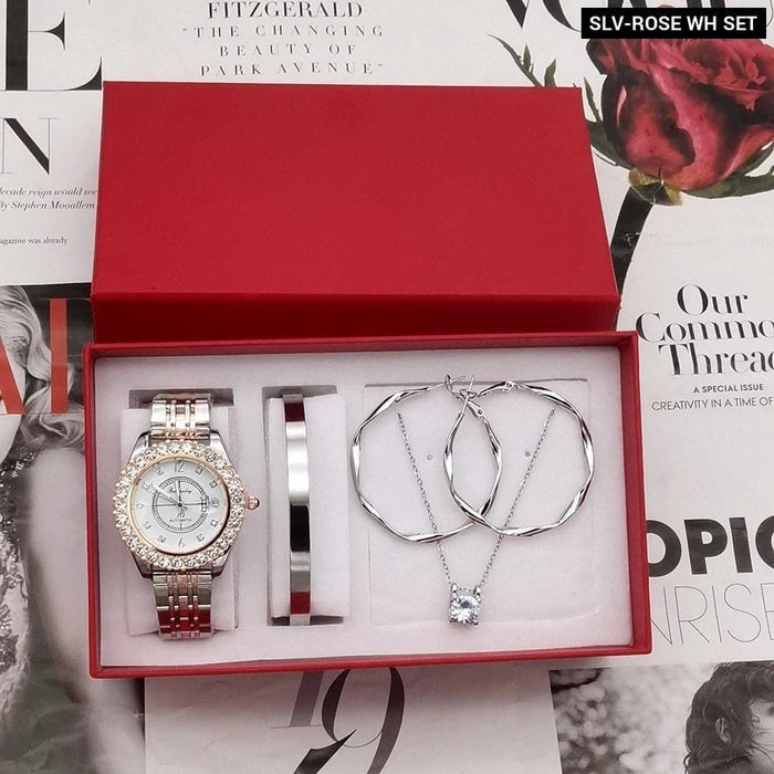 Womens Diamond Watch Rhinestone Jewelry Set With Box