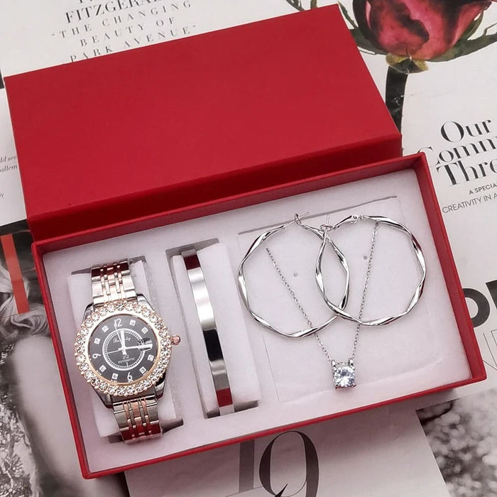 Womens Diamond Watch Rhinestone Jewelry Set With Box