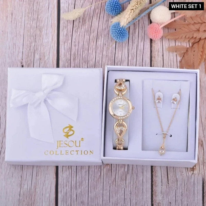 Womens Earrings Necklace Bracelet Watch 3pcs Set With Box