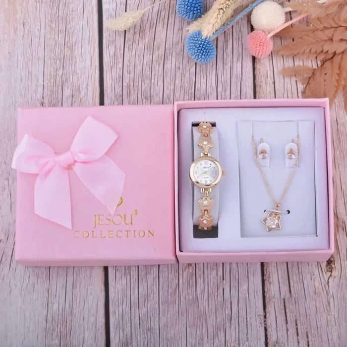 Womens Earrings Necklace Bracelet Watch 3pcs Set With Box