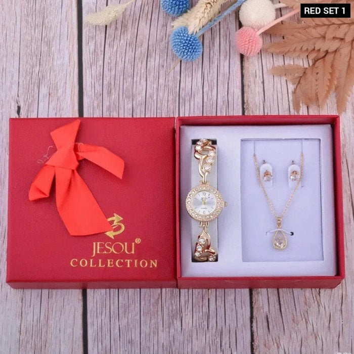 Womens Earrings Necklace Bracelet Watch 3pcs Set With Box