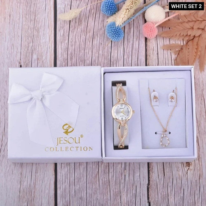 Womens Earrings Necklace Bracelet Watch 3pcs Set With Box