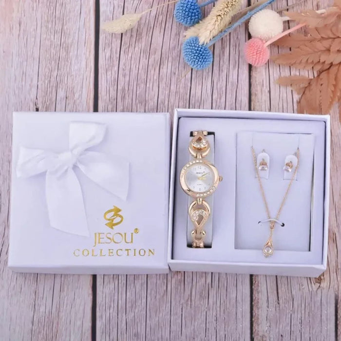 Womens Earrings Necklace Bracelet Watch 3pcs Set With Box