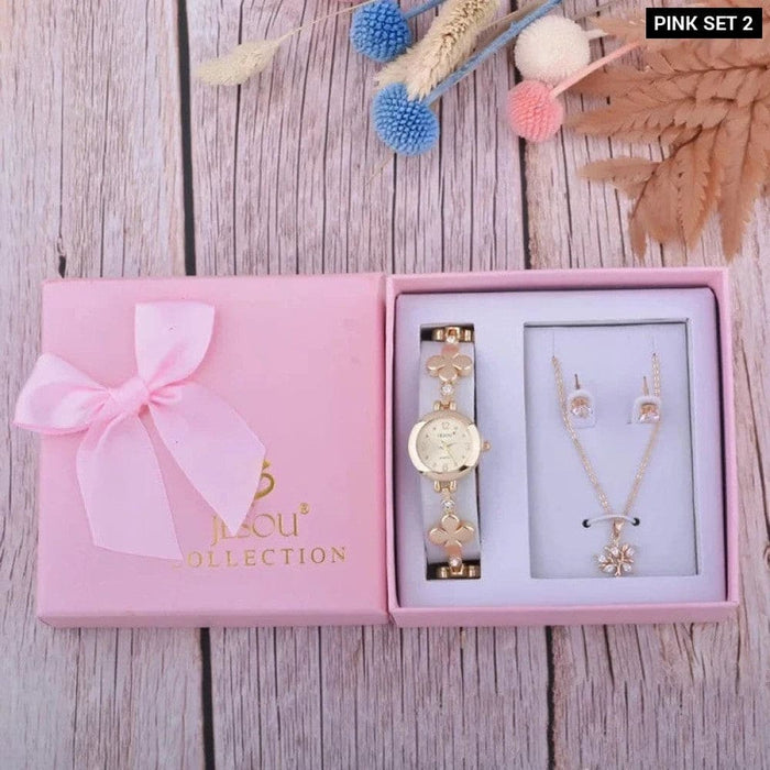 Womens Earrings Necklace Bracelet Watch 3pcs Set With Box