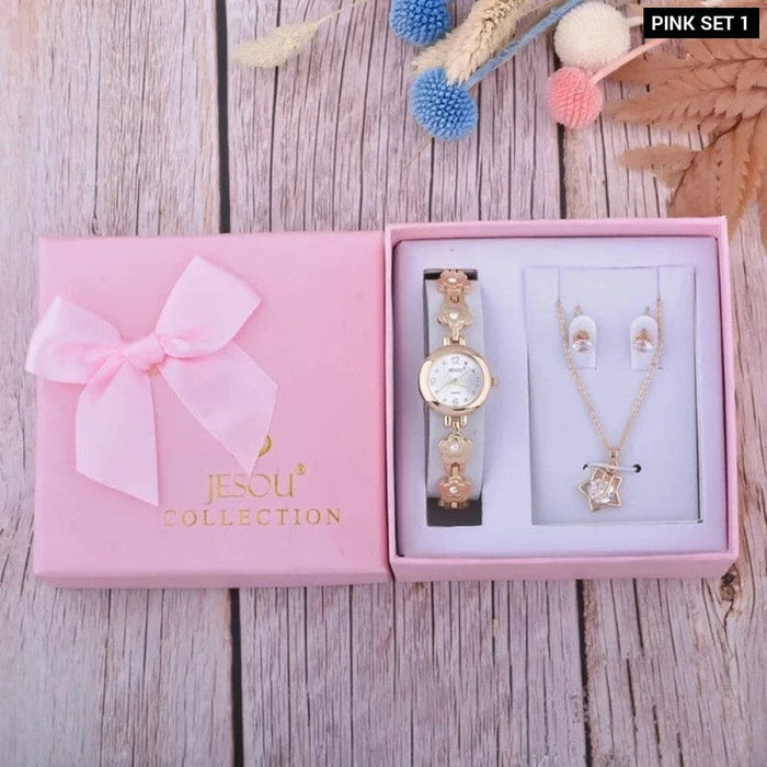 Womens Earrings Necklace Bracelet Watch 3pcs Set With Box