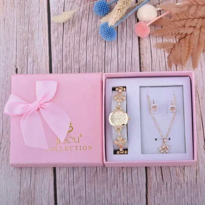 Womens Earrings Necklace Bracelet Watch 3pcs Set With Box