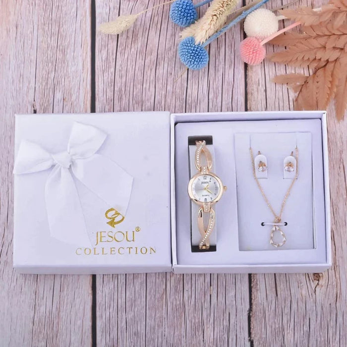 Womens Earrings Necklace Bracelet Watch 3pcs Set With Box