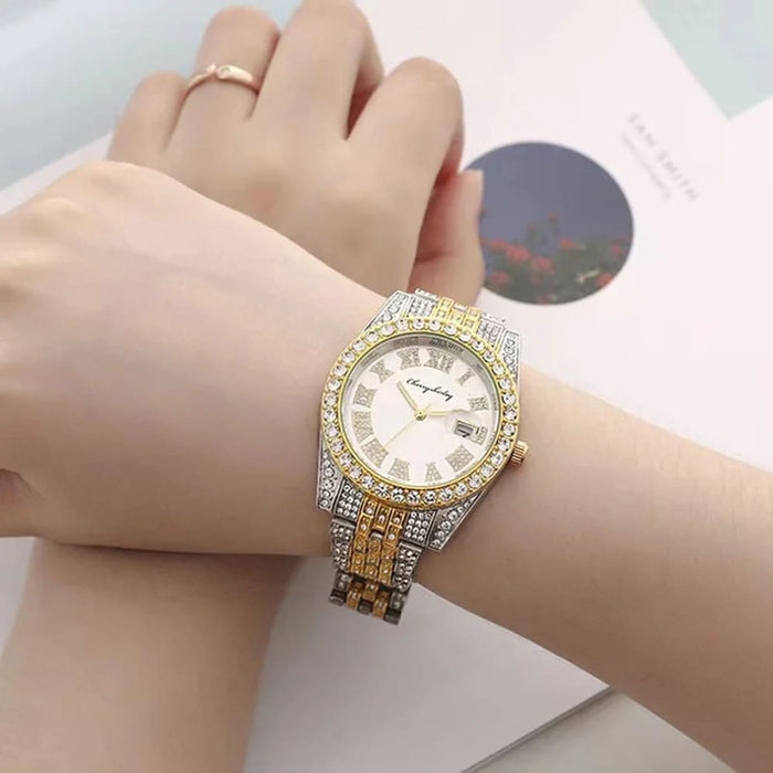 Womens Full Diamond Quartz Watch Steel Belt Dress Retro