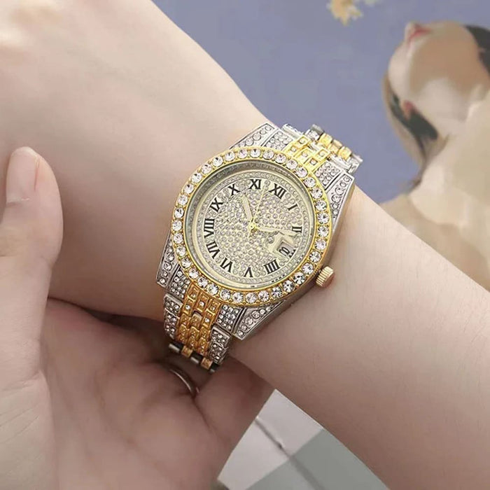 Womens Full Diamond Quartz Watch Steel Belt Dress Retro