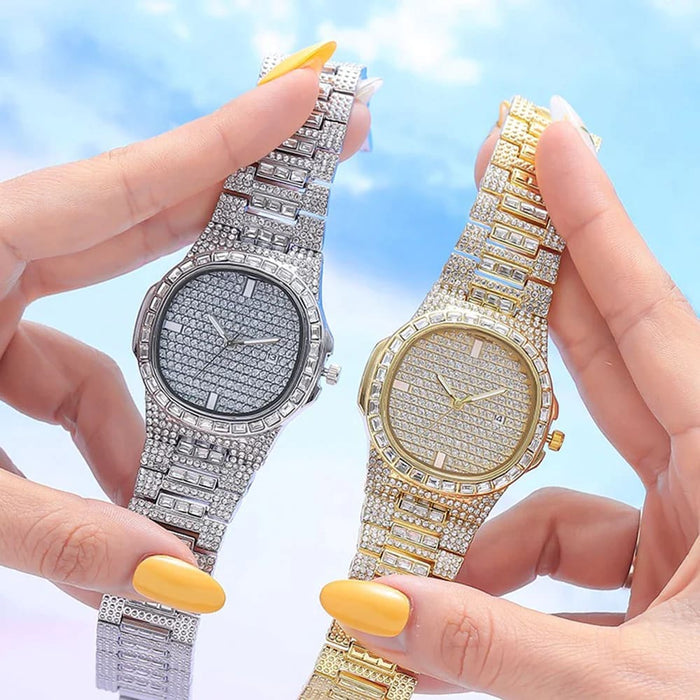 Womens Iced Out Diamond Quartz Watch Rhinestone 4pcs