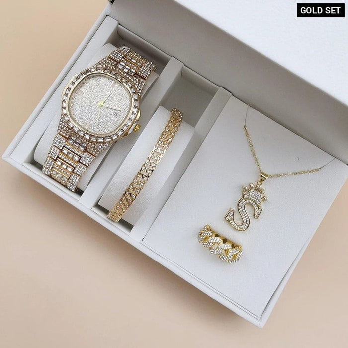 Womens Iced Out Diamond Quartz Watch Rhinestone 4pcs