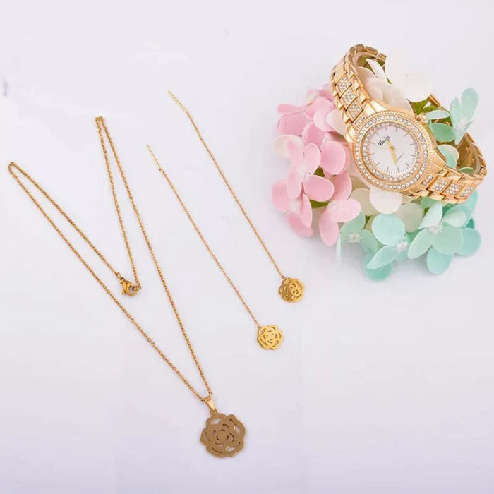 Womens Pendant Earrings Necklace Bracelet Watch Set With Box