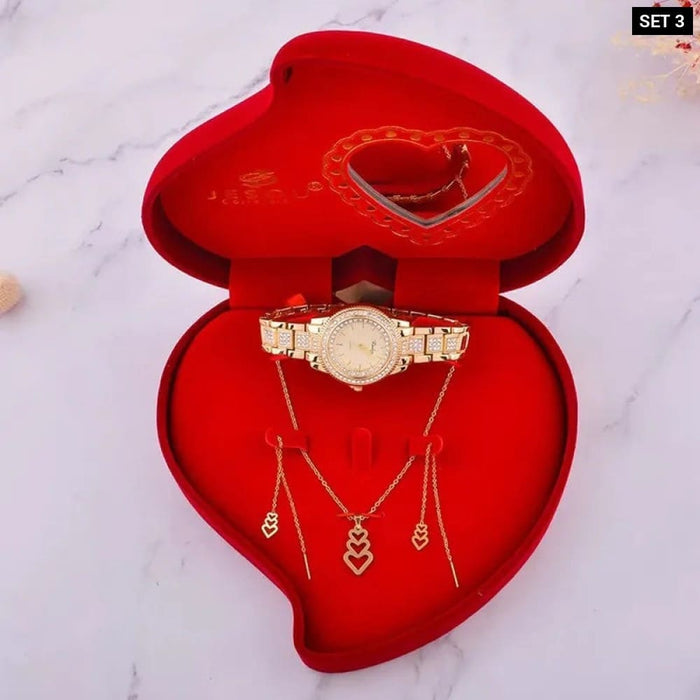 Womens Pendant Earrings Necklace Bracelet Watch Set With Box