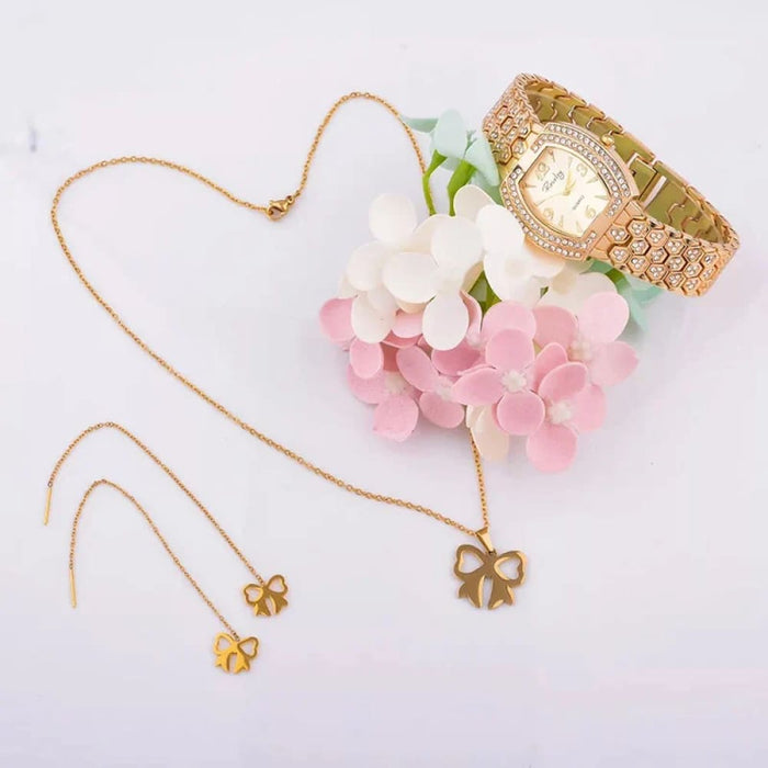 Womens Pendant Earrings Necklace Bracelet Watch Set With Box