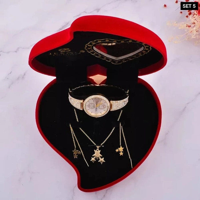 Womens Pendant Earrings Necklace Bracelet Watch Set With Box