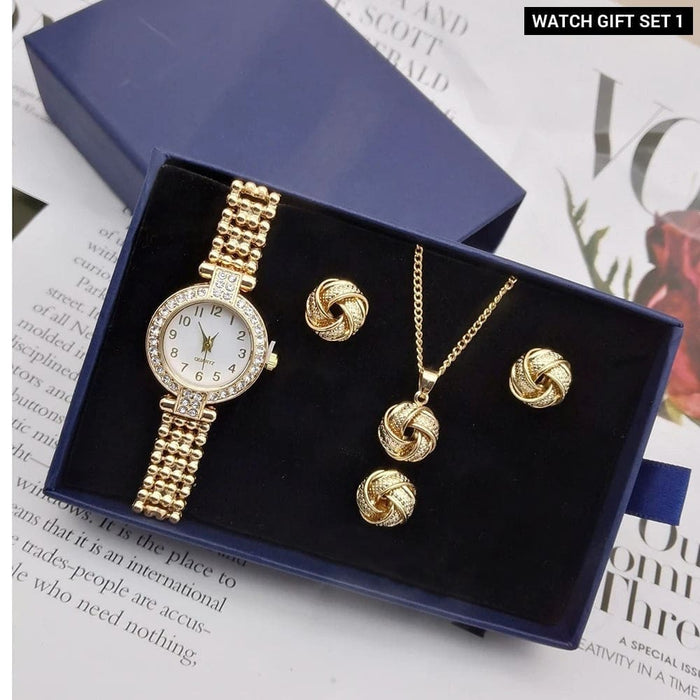 Womens Quartz Watch Geometric Earrings Necklace Ring