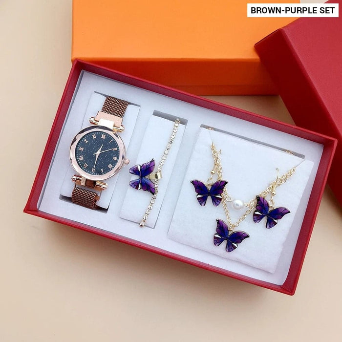 Womens Quartz Wrist Watch Butterfly Jewelry 4pcs Set