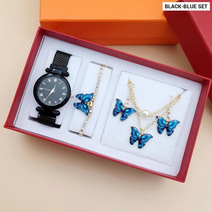 Womens Quartz Wrist Watch Butterfly Jewelry 4pcs Set