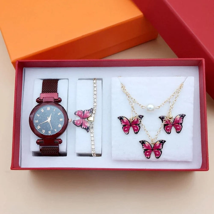 Womens Quartz Wrist Watch Butterfly Jewelry 4pcs Set