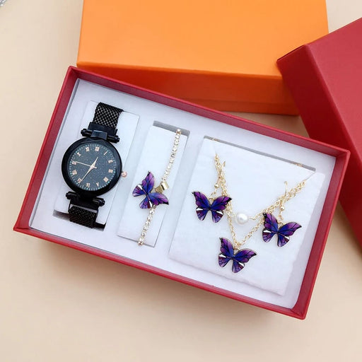 Womens Quartz Wrist Watch Butterfly Jewelry 4pcs Set