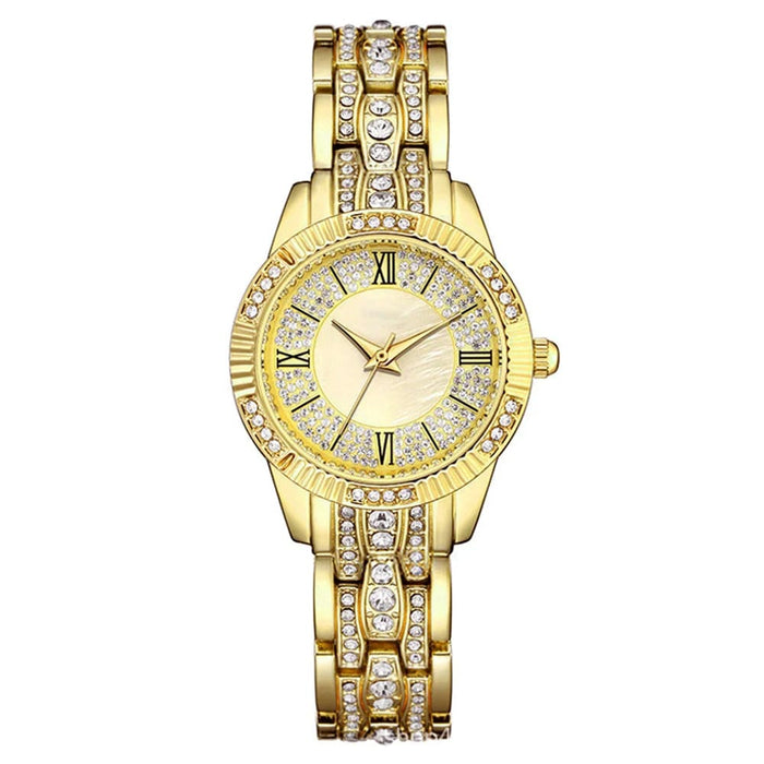 Womens Shiny Crystal Quartz Wrist Watch With Pearl Ring