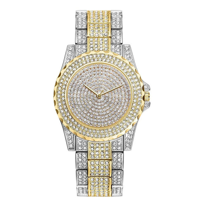 Womens Shiny Quartz Watch With Crystal Earrings Ring