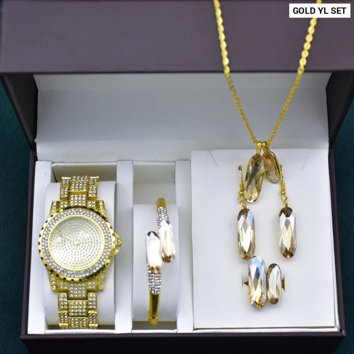 Womens Shiny Quartz Watch With Crystal Earrings Ring