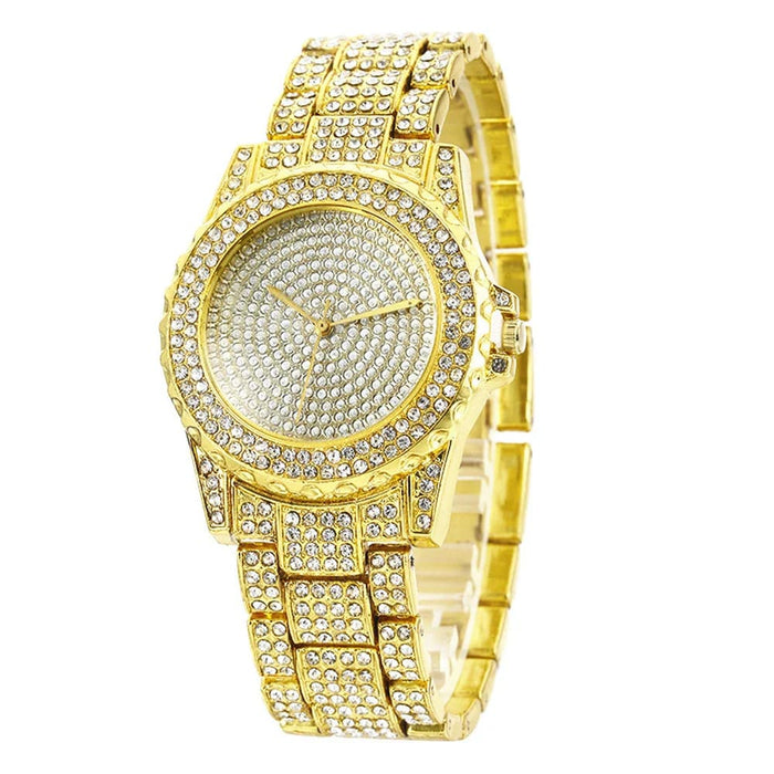 Womens Shiny Quartz Watch With Crystal Earrings Ring