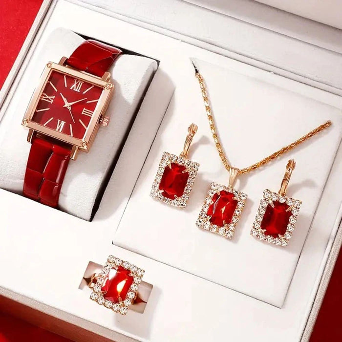 Womens Square Dial Quartz Watch Jewelry Set With Box