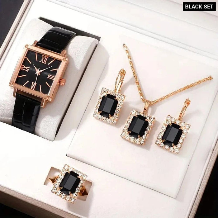 Womens Square Dial Quartz Watch Jewelry Set With Box