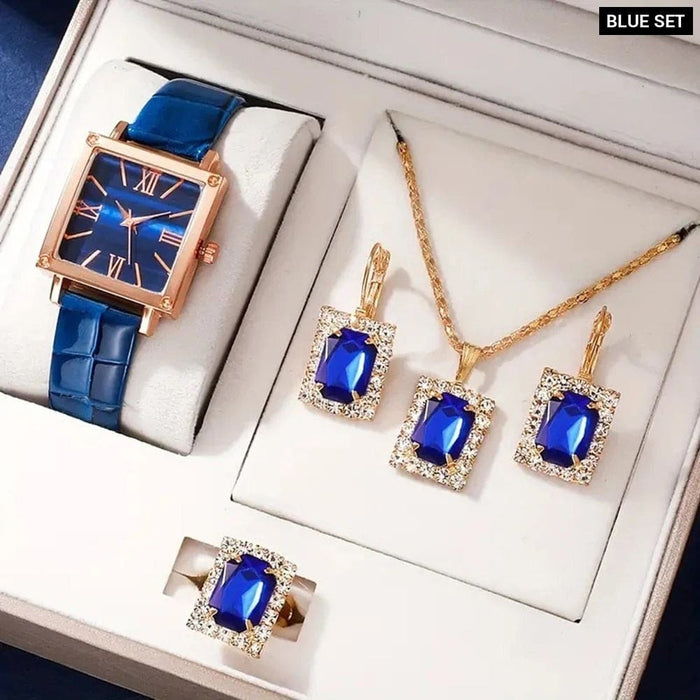 Womens Square Dial Quartz Watch Jewelry Set With Box