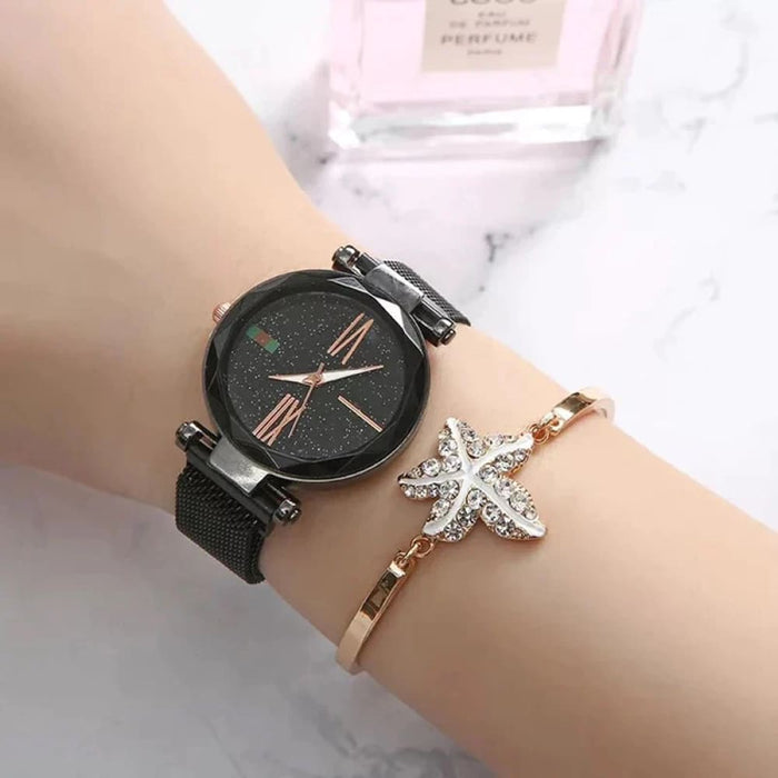 Womens Starry Sky Quartz Mesh Watch Rotate Diamond Sea Star