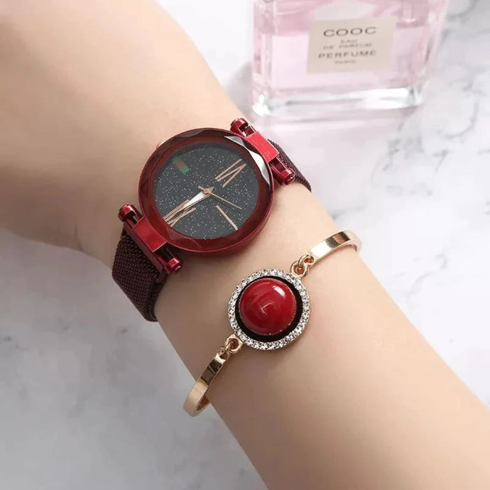 Womens Starry Sky Quartz Watch Diamond Round Pearl Red