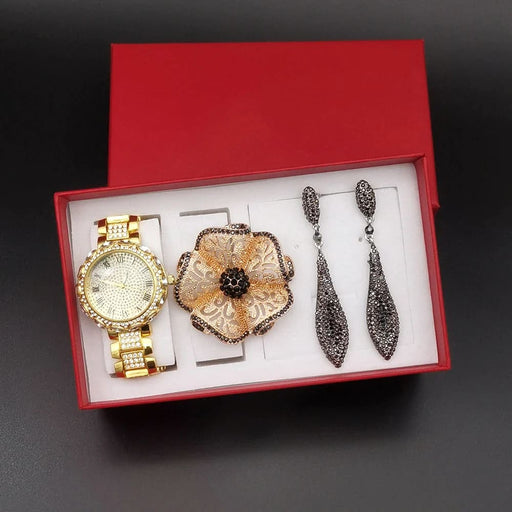 Womens Steel Quartz Watch Shiny Crystal Big Flower Zircon