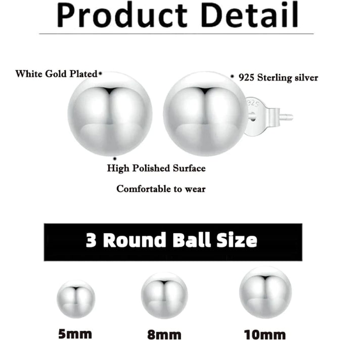 Womens White Gold Plated Ball Stud Earrings 925 Sterling