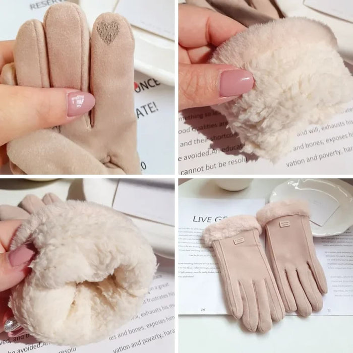 Womens Winter Plush Gloves Warm Suede Outdoor Guantes