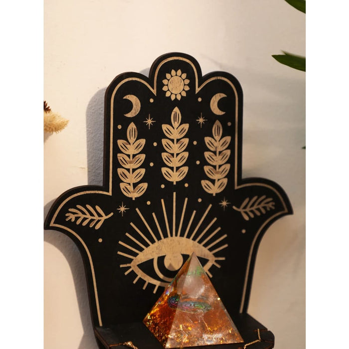 Wooden Hamsa Evil Eye Wall Decor With Crystal Shelf