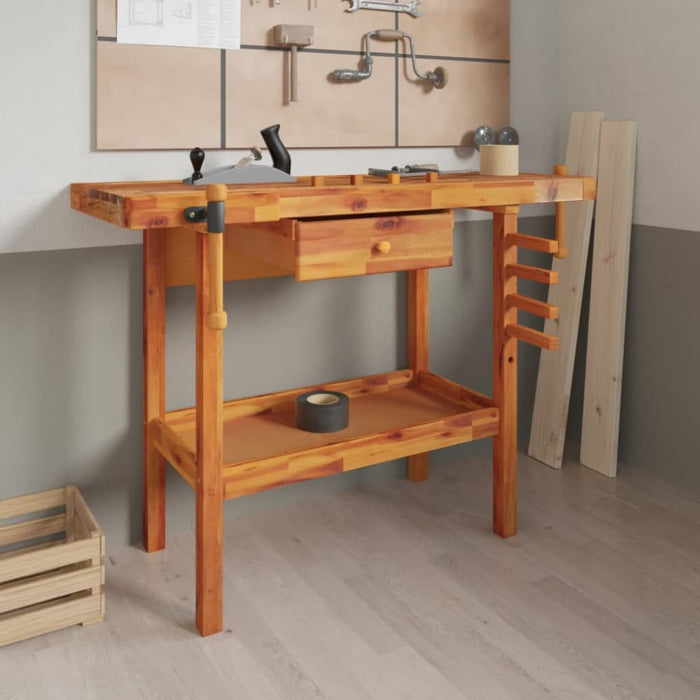 Workbench With Drawer And Vices 124x52x83 Cm Solid Wood