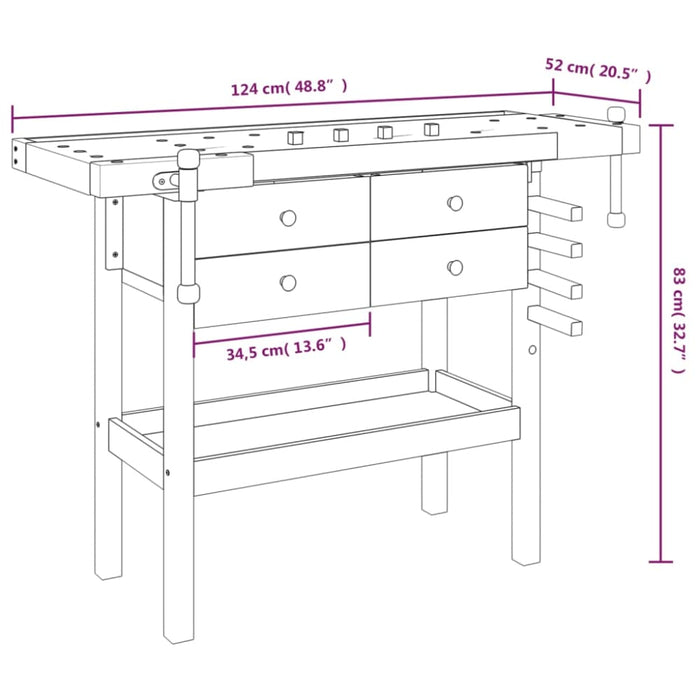 Workbench With Drawers And Vices 124x52x83 Cm Solid Wood