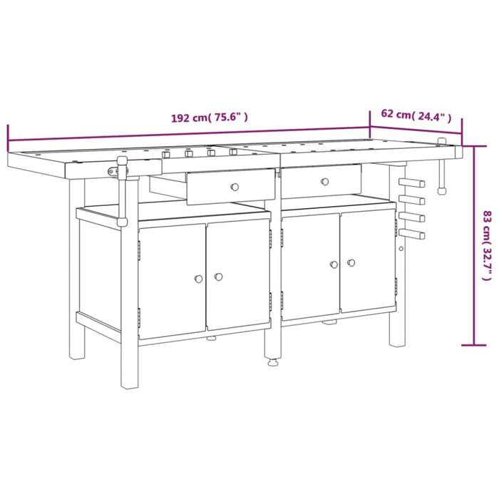 Workbench With Drawers And Vices 192x62x83 Cm Solid Wood