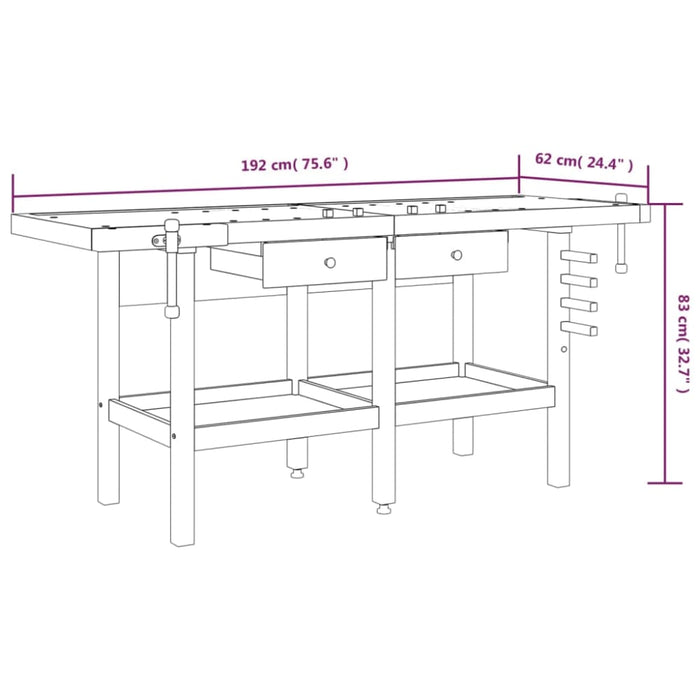 Workbench With Drawers And Vices 192x62x83 Cm Solid Wood